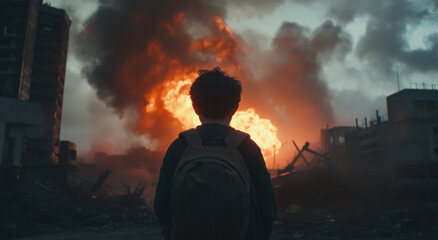 Obraz premium A young boy stands alone, facing an explosion in the distance, while the remnants of a city lay in ruins around him. Dark clouds and smoke fill the sky, creating a somber atmosphere.