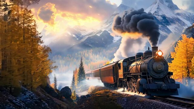 Steam train in the mountains. Transportation concept	
