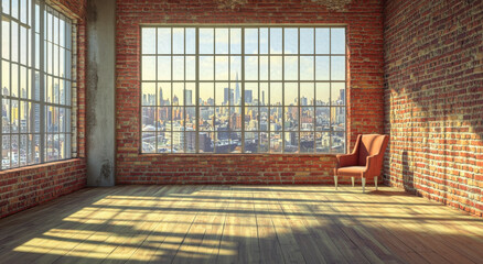Fototapeta premium An empty loft space showcases a warm wooden floor and a striking brick wall. Large windows allow natural light to fill the room while offering a panoramic view of the city skyline.