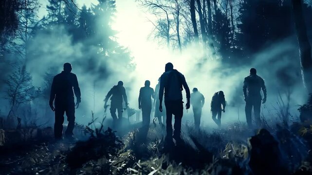 Beginning of the zombie apocalypse, Zombies rise from the dead in a dark scary forest at night, Zombie emerges from a grave in a cemetery. Halloween