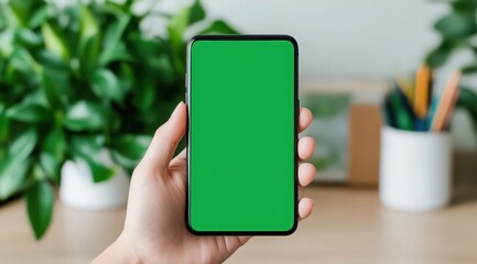A person is holding a green phone with a green screen