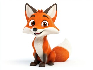 Obraz premium A cute cartoon fox with vibrant orange fur, big expressive eyes, and a playful demeanor, sitting happily against a plain background.