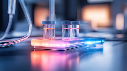Colorful chemical reaction in laboratory vials on glowing platform, scientific experiment