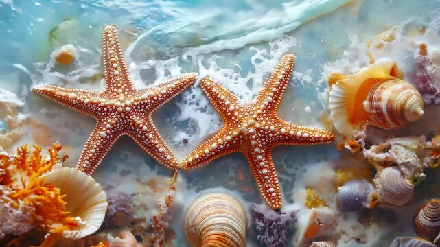 Starfishes with sea shell and coral, Summer sea background