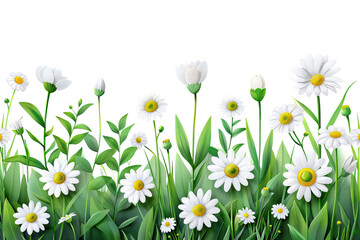 White daisies and green leaves in soft watercolor botanical border design