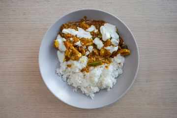 A plate of curry chicken with rice.