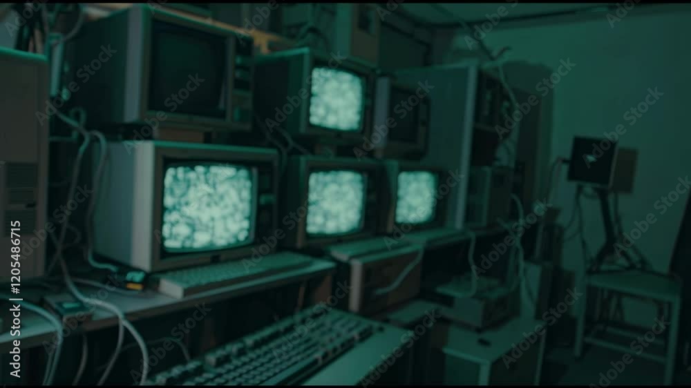 Poster computer technician monitoring multiple vintage computer screens filled with static noise, working l