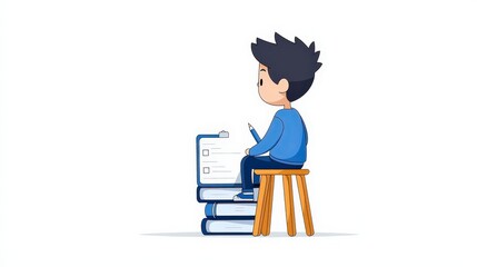 Fototapeta premium Young Boy Sitting on Stack of Books with Notepad and Pen in Cartoon Style Illustrating Learning