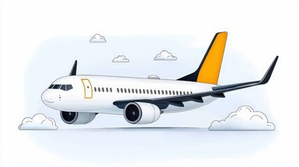 Obraz premium Cartoon Style Illustration of Airplane Flying Through the Sky with Clouds in Background