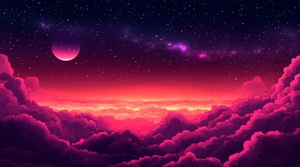 Fototapeta premium Dreamy Nightscape: Above the Clouds with a Pink Moon and Starry Sky