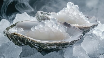 Two oysters with a white substance on top of them