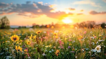 Fototapeta premium A field of wildflowers in the golden light of sunset.