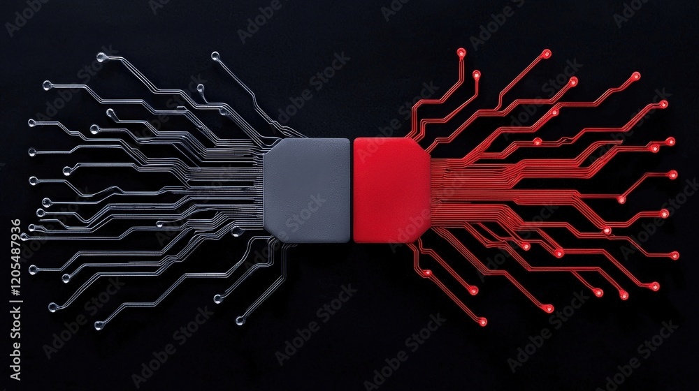 Wall mural Abstract Circuit Design with Contrasting Red and Gray Elements on Dark Background