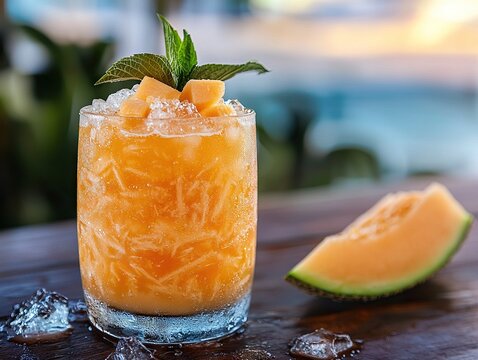 A glass of traditional Filipino cantaloupe juice with shredded melon and ice, a perfect tropical refreshment.