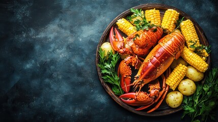 A plate of food with a lobster, corn, and potatoes