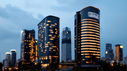 Modern Urban Skyline with Illuminated Buildings at Dusk in a Metropolitan City Scenery