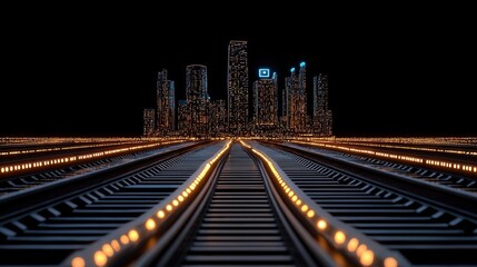 Fototapeta premium Futuristic City Skyline with Railway Tracks Leading into the Night Horizon