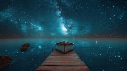 Solitude Under a Starry Night Sky: A Boat on a Calm Lake