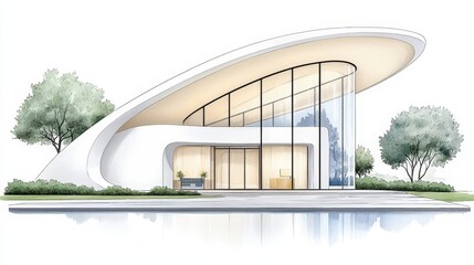 Fototapeta premium Modern Architectural Design of a Curved Building with Large Glass Windows and Natural Surroundings