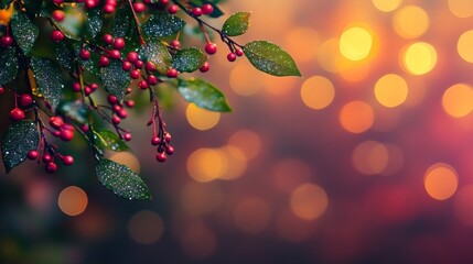 Close-up of Dew-Covered Holly Berries and Leaves with Warm Bokeh Background
