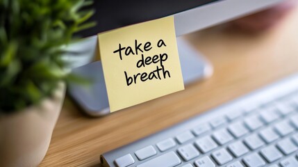 A bright yellow sticky note with the message to "take a deep breath" is affixed to a computer monitor in a warm-toned workspace. Soft lighting adds a calming atmosphere.