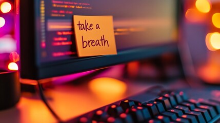 A bright yellow sticky note with the message to "take a deep breath" is affixed to a computer monitor in a warm-toned workspace. Soft lighting adds a calming atmosphere.