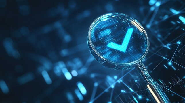 Futuristic digital background featuring a magnifying glass with a luminous blue check mark