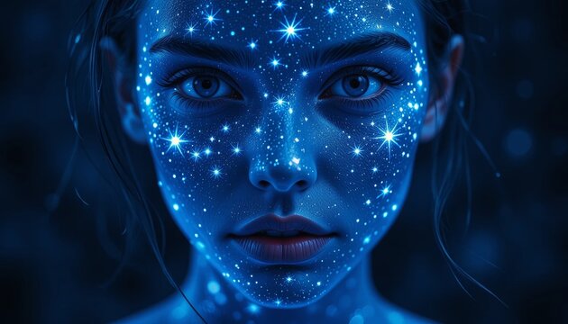 Woman with glowing blue face and sparkling patterns