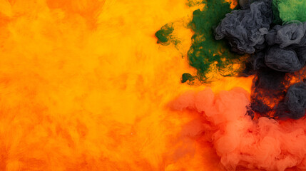 Vibrant abstract background with colorful smoke textures in orange, green, and gray. dynamic blend...