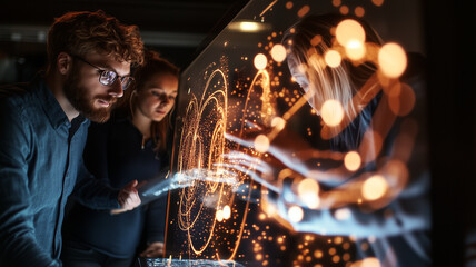 man and woman interacting with digital display, showcasing creative ideas and technology. scene is illuminated with glowing patterns and data visualizations, creating engaging atmosphere