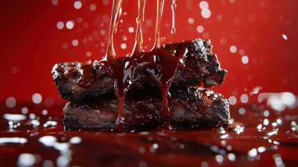 A plate of ribs with a sauce dripping off of them