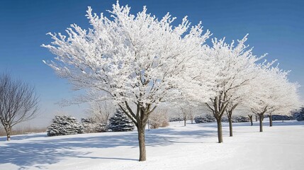 Snowy Winter Landscape, Frost Covered Trees in a Snow Covered Field