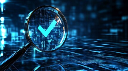 Magnifying glass highlighting a glowing blue check mark against a futuristic digital backdrop