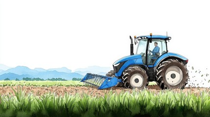 Fototapeta premium Blue Tractor Working in Field with Mountains and Green Grass Under Clear Sky