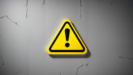 A cracked concrete wall featuring a prominent yellow warning triangle, symbolizing danger or caution. Generative AI