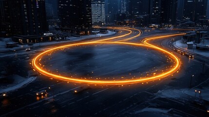 Orange Light Trails in Night Cityscape with Snow and Modern Buildings Around a Circular Road