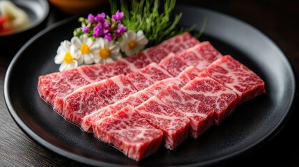 A plate of meat with a flowery border