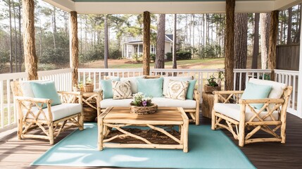Fototapeta premium Rustic Porch Furniture Set Wooden Log Chairs Sofa Patio Decor