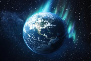 Naklejka premium Stunning view of Earth with vibrant auroras illuminating the night sky from space