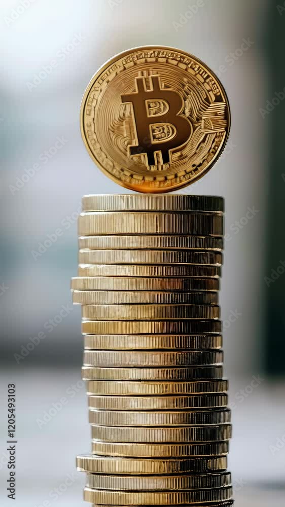 Aufkleber gold bitcoin rests atop a tall stack of gold coins, creating a visual metaphor for cryptocurrency in