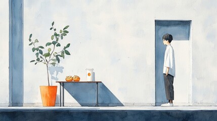 Quiet Reflection in a Minimalist Setting with a Young Person and a Potted Plant