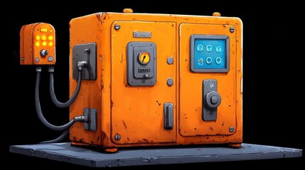 Fototapeta premium Orange Control Box with Buttons and Indicators on a Black Background in Stylized Design