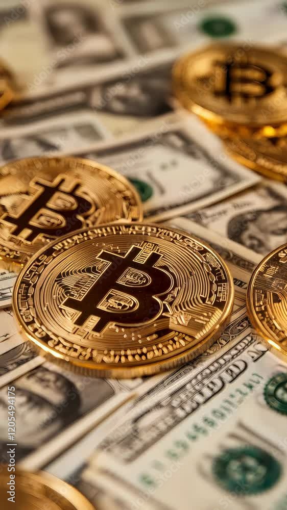 Poster shiny golden bitcoins are casually placed on a bed of dollar bills, creating a powerful visual repre