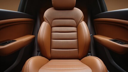 A brown car seat is prominently displayed against a cozy beige backdrop, highlighting its contemporary design and comfortable features as seen from the front perspective