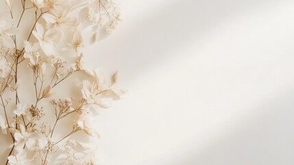 Elegant minimalist wedding invitation with ivory dried flowers and soft light creating a beautiful texture