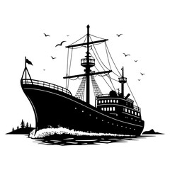 Passenger Ship. Passenger Ship Silhouette with Seagulls