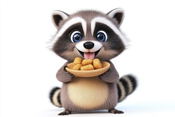 Obraz premium A cute raccoon character happily holds a bowl of snacks, featuring large eyes and fluffy fur, against a plain white background.