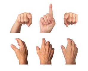 Elderly woman's hand outstretched with finger pointing, gesture expressing choice or selection,...