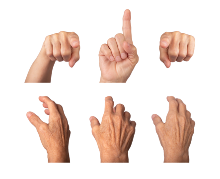 Elderly woman's hand outstretched with finger pointing, gesture expressing choice or selection, wrinkled skin with visible veins, expressive body language. Isolated on white background.