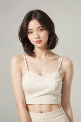 A woman is wearing a white tank top and a white skirt